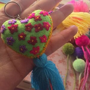Handmade Green Heart Keychain with Embroidered Flowers and Blue Tassel